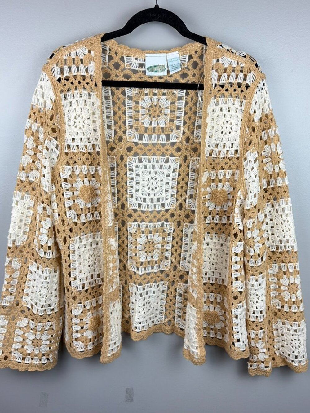 Collections Etc Brown & White Crochet Granny Square Open Cardigan Size XL/XXL